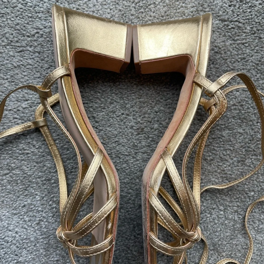 Loeffler Randall Metallic Gold Strappy Block Heel Sandals